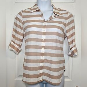 Coldwater Creek, Striped Button-Up Shirt in Brown and White. 100% Cotton.